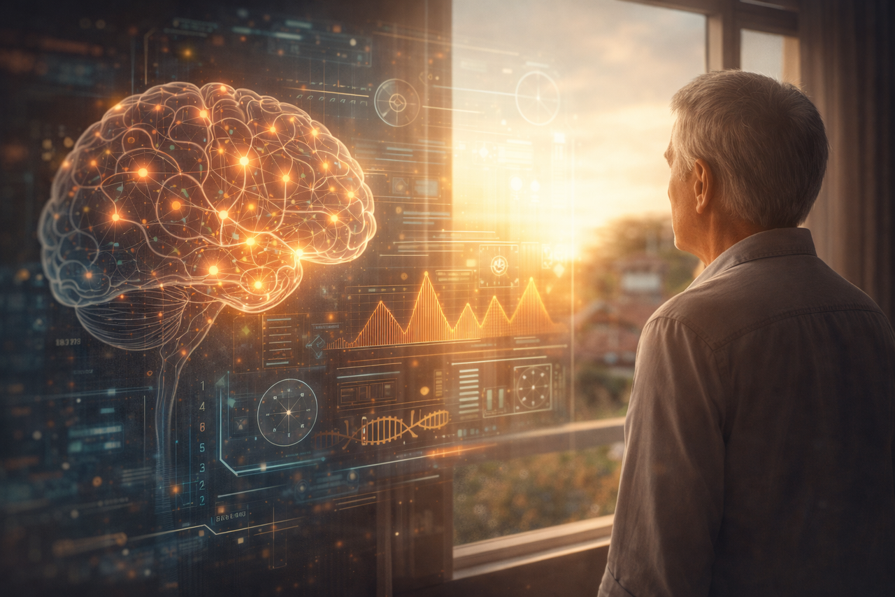 Illustration of a person looking out a window with a subtle brain overlay and medical interface, symbolizing a blood test that can predict the timing of Alzheimer’s symptoms.