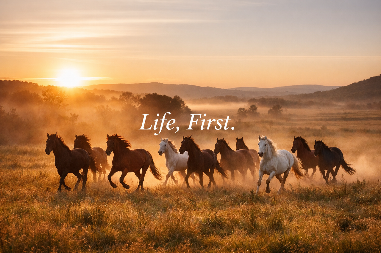 Wild horses running freely in an open field at sunrise, symbolizing Stella McCartney’s animal-friendly philosophy (Life, First) during her Paris Fashion Week show.