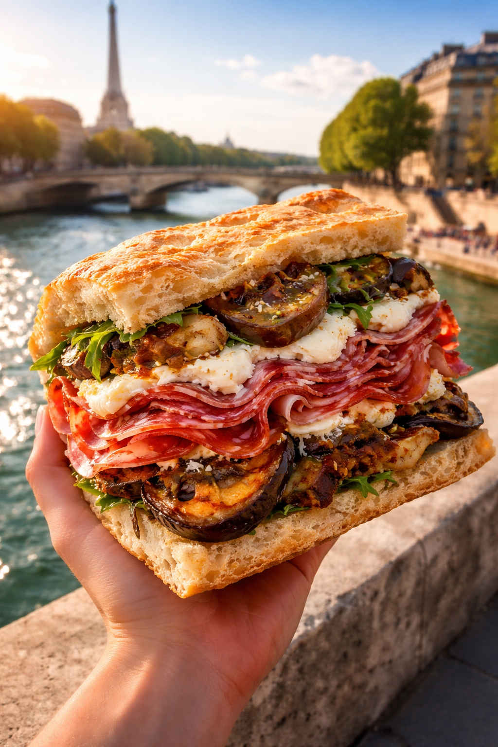 A large Italian schiacciata sandwich filled with meats and cheese held near the Seine in Paris, symbolizing the arrival of a famous Florentine sandwich shop in France.