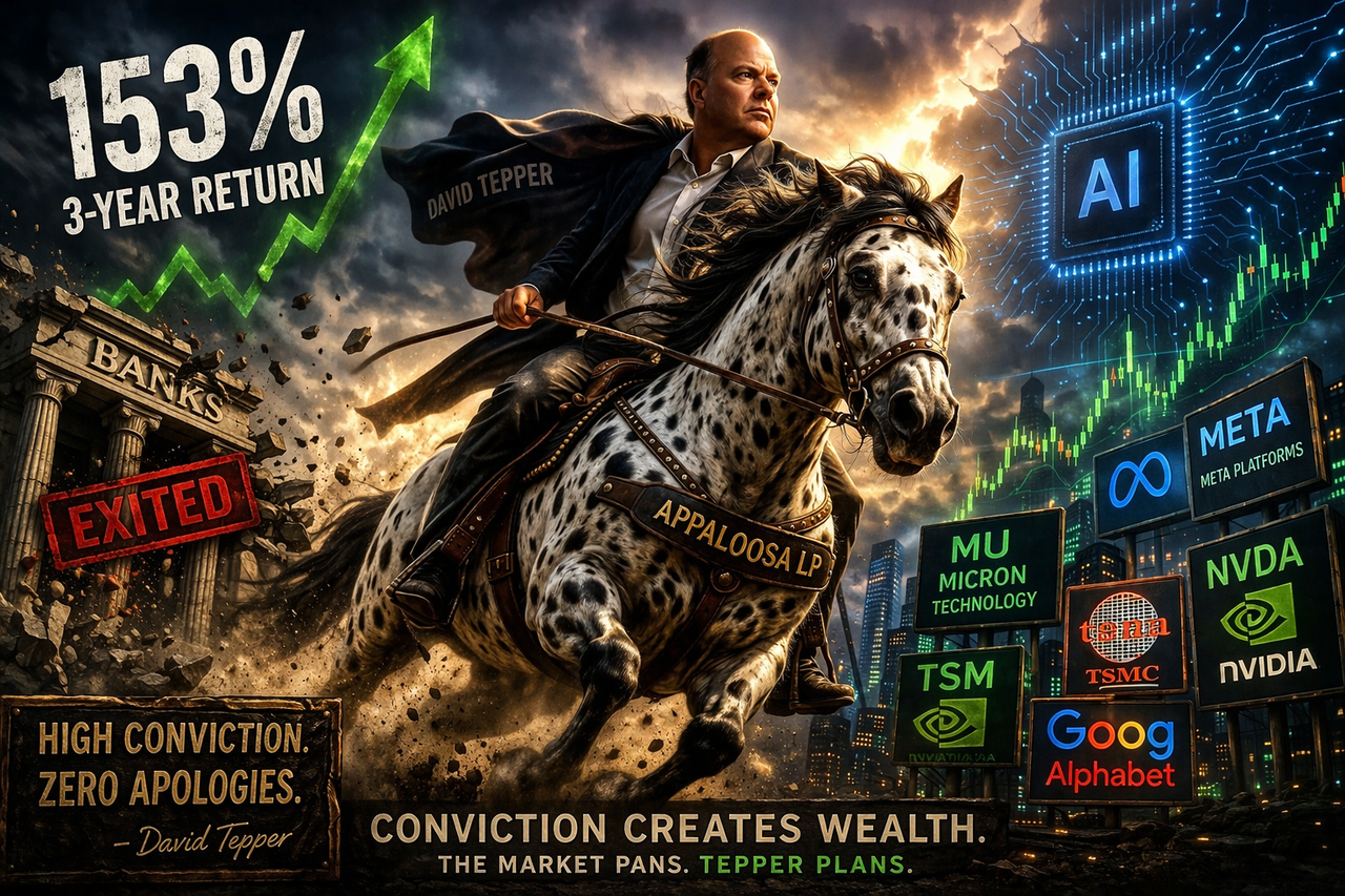 A stylized horse representing Appaloosa charging through a volatile stock market landscape with AI chips and financial charts, symbolizing David Tepper’s high-conviction investing strategy.