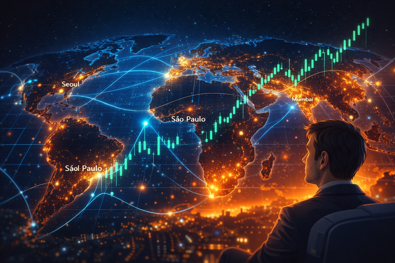 A glowing world map highlighting emerging markets with rising stock charts and global connectivity, symbolizing long-term investment growth through Baillie Gifford’s strategy.