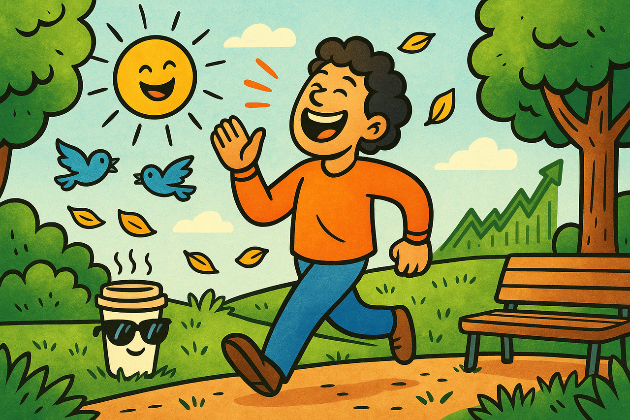 Happy person laughing in a park surrounded by trees, sunshine, and birds, symbolizing the health and humor benefits of spending time outdoors.