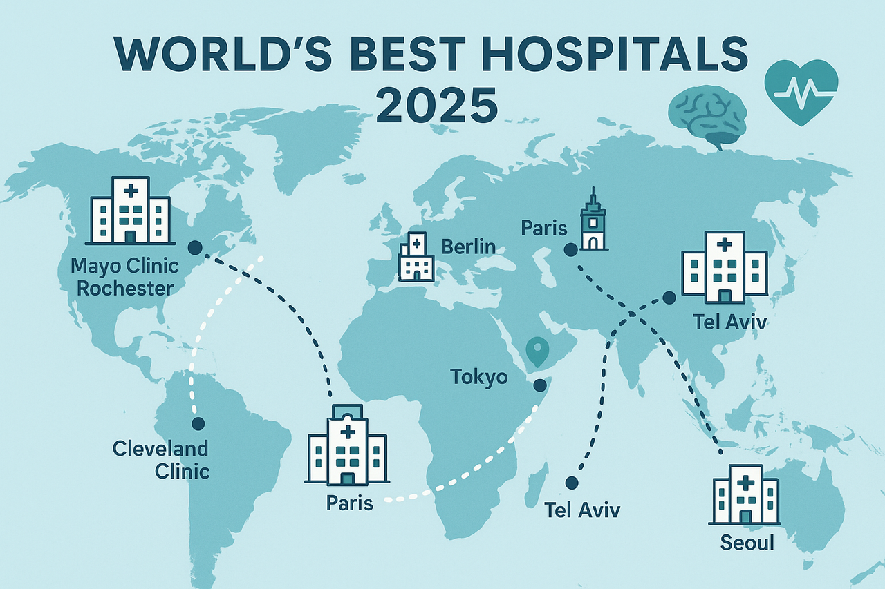 Illustration showing the world’s best hospitals in 2025, highlighting Mayo Clinic, Cleveland Clinic, and top global medical centers across North America, Europe, and Asia