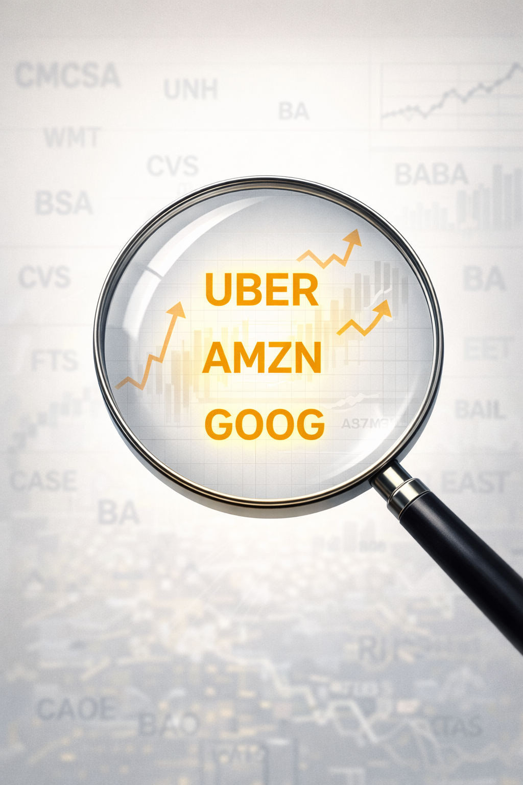 Illustration of a magnifying glass focusing on a few highlighted stock tickers, symbolizing Pershing Square’s concentrated, high-conviction investment strategy.