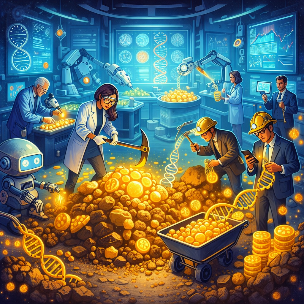Illustration of a futuristic lab as a gold rush, with scientists and investors mining glowing cells and DNA, symbolizing the booming cell biology market