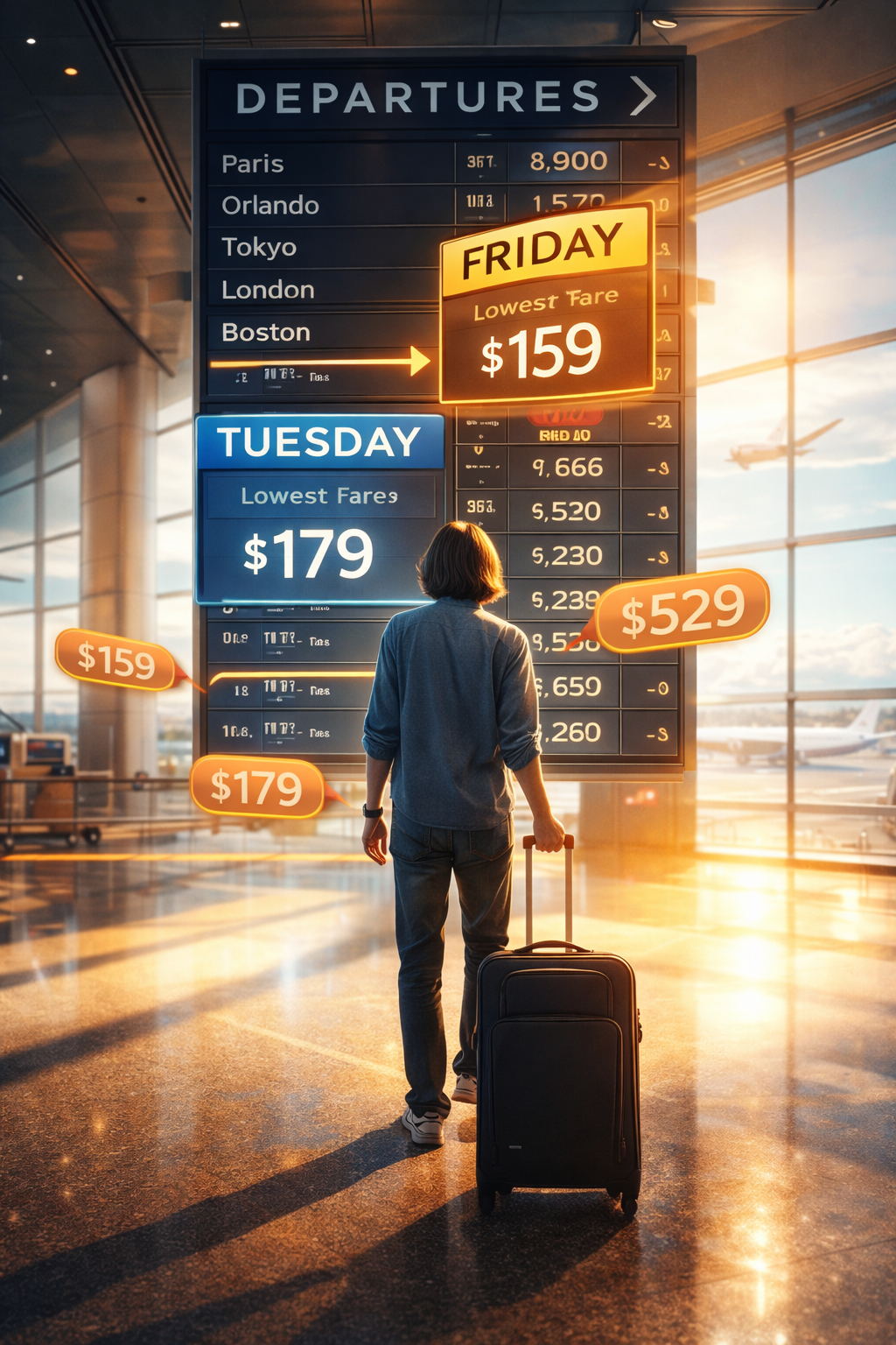 Traveler with a carry-on in a sunny airport terminal looking at a departure board highlighting Friday and Tuesday as the best days to fly, illustrating smart travel and cheaper flights in 2026.