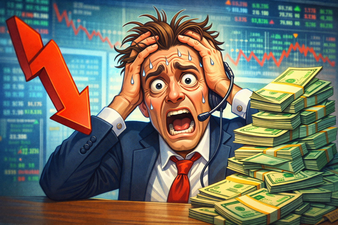 Cartoon illustration of a panicked stockbroker holding his head in front of falling market charts and stacks of cash, humorously illustrating market stress and bad trades.