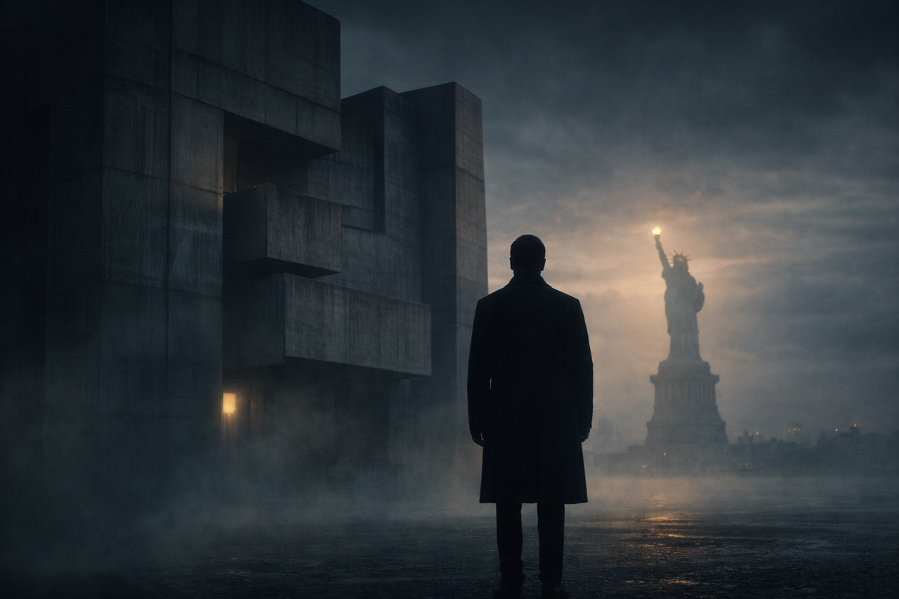 Moody cinematic image of a lone architect standing before a massive Brutalist concrete structure at dusk, symbolizing trauma, reinvention, and the emotional weight of The Brutalist.