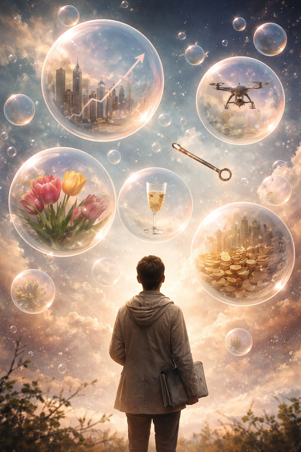 Illustration of a person surrounded by floating bubbles containing stock charts, champagne, tulips, and drones, symbolizing financial bubbles and speculation without a magic wand.