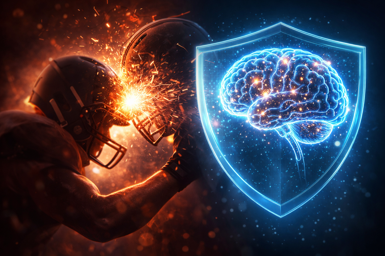 Conceptual image showing a human brain protected by a glowing shield contrasted with sports impact, symbolizing brain health and prevention of CTE.