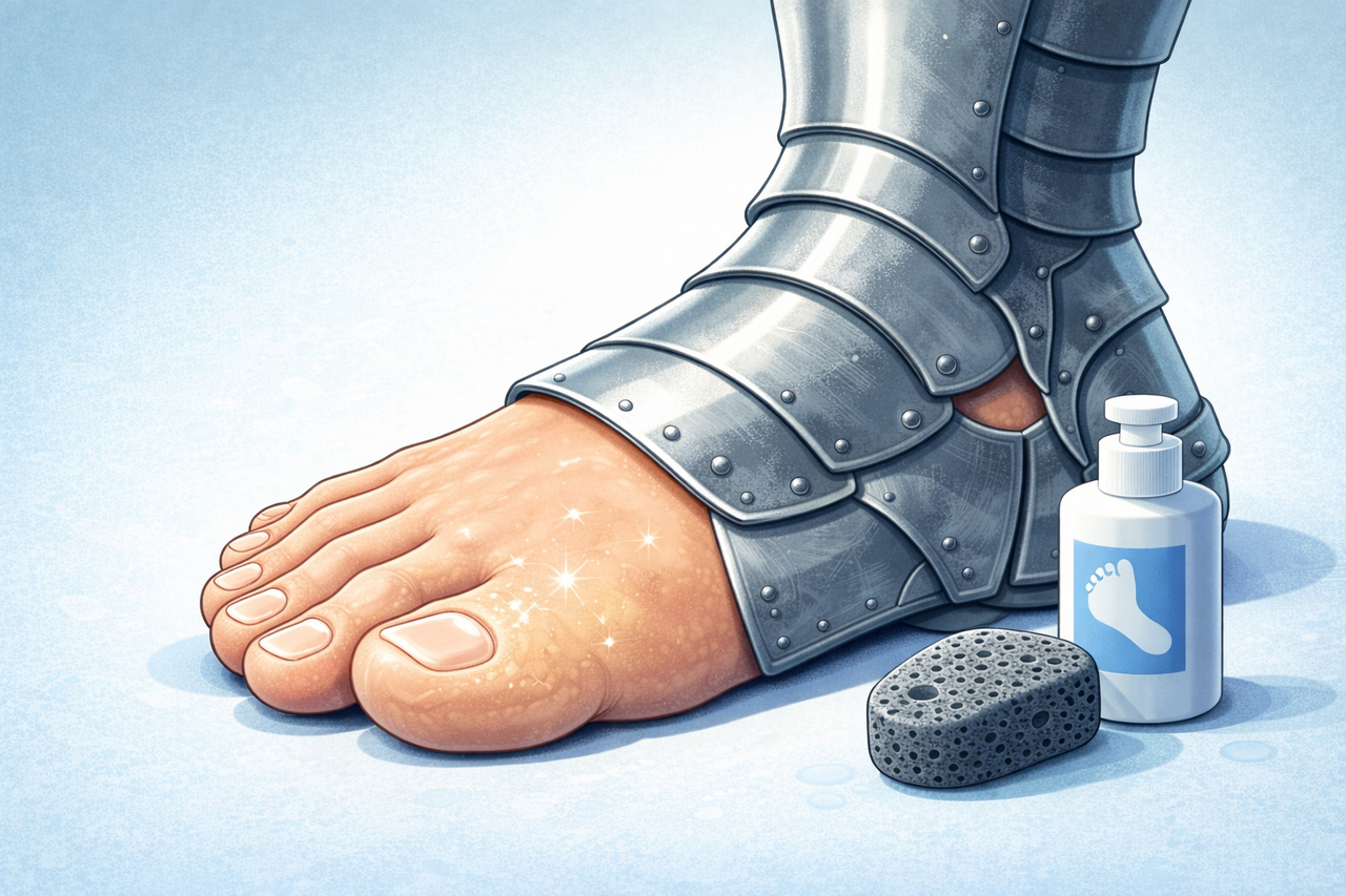 Illustration of a foot wearing medieval-style armor made of skin, symbolizing calluses as the body’s natural protection, with a pumice stone and foot cream nearby.