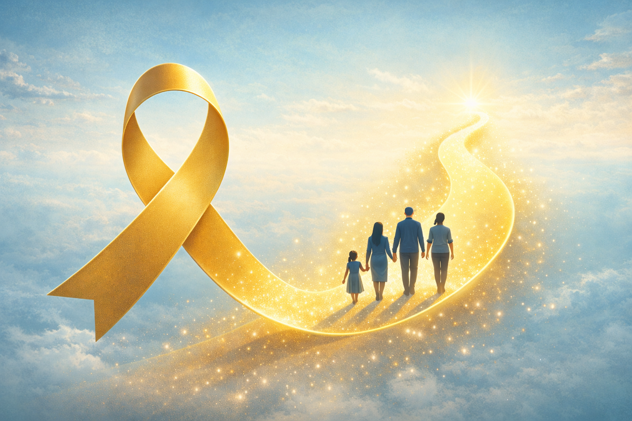 Illustration showing a cancer awareness ribbon forming an upward path, symbolizing improving survival rates and progress in cancer research.