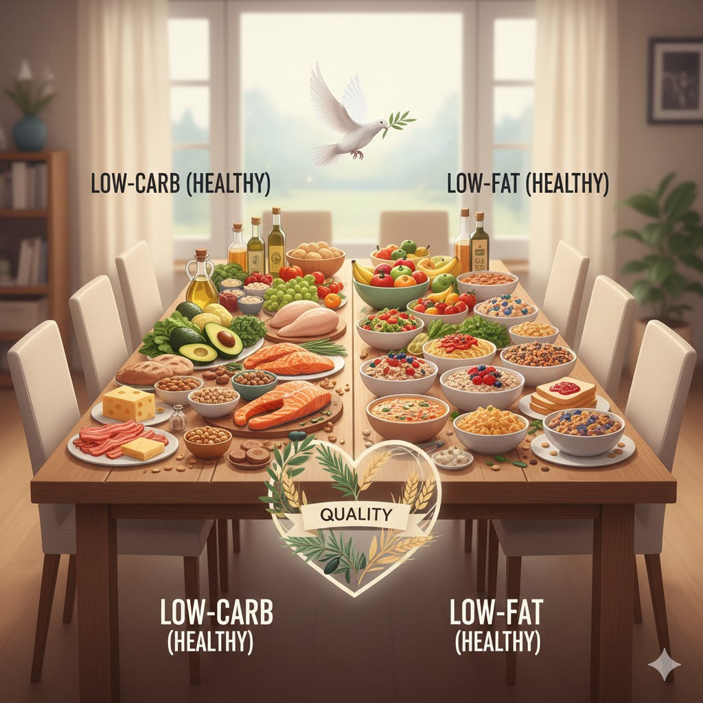 Illustration of a dinner table showing a truce between low-carb and low-fat diets, with whole, healthy foods on one side, processed foods on the other, and a heart-shaped peace symbol in the center.