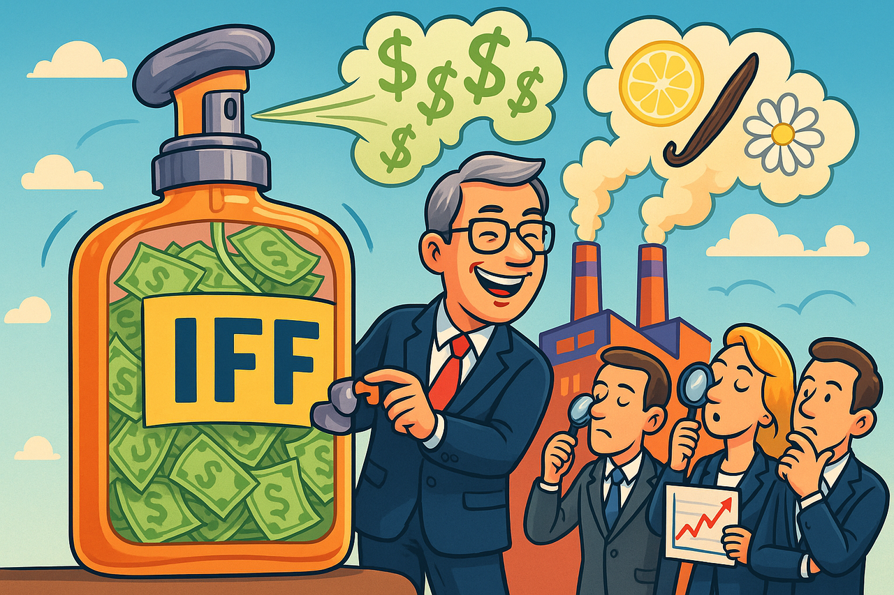 Cartoon-style illustration of IFF perfume bottle spraying dollar-sign fragrance, symbolizing insider buying and a possible turnaround.