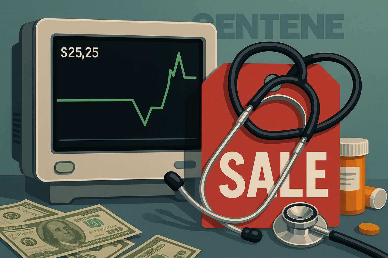 Centene stock represented as a patient monitor line bouncing off the lows, with a stethoscope over a red SALE tag — symbolizing insider buying amid financial troubles.