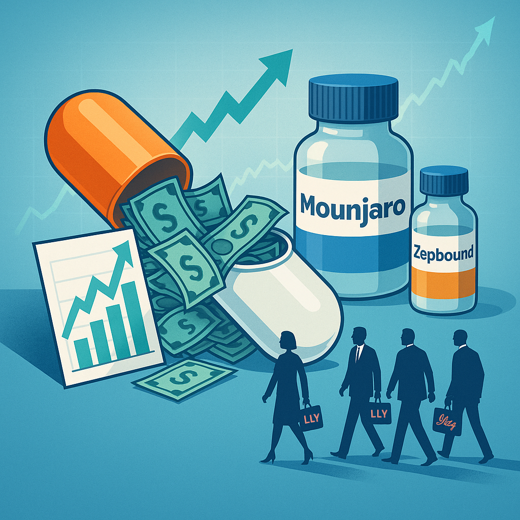 Illustration of a giant Eli Lilly pill capsule spilling cash, rising stock charts, and drug bottles, symbolizing blockbuster earnings, insider buying, and growth momentum.