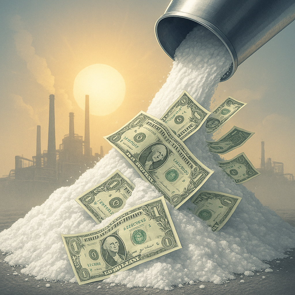 Titanium dioxide powder glowing under sunlight with dollar bills mixed in, symbolizing Tronox (TROX) insider purchases and growth potential in the materials sector.