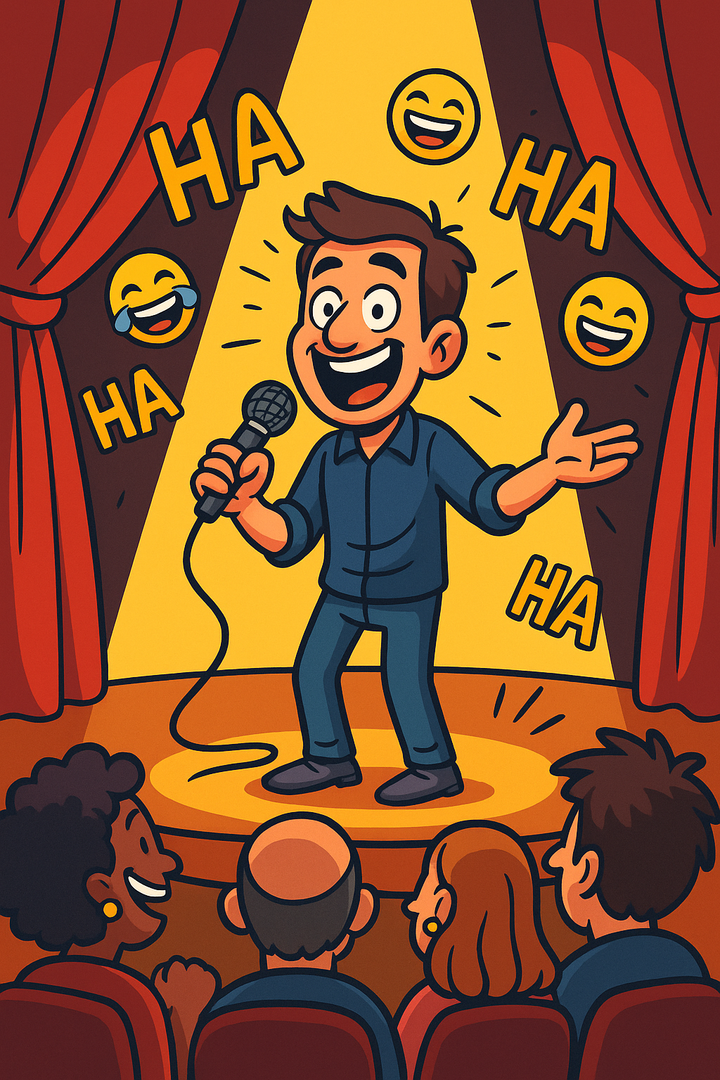 🎤 A vibrant cartoon of a comedian on stage under a spotlight, crowd laughing, with mic in hand
