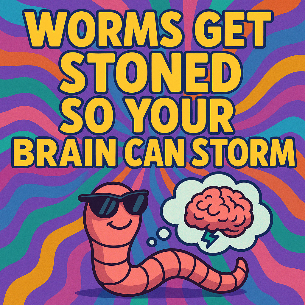 A cartoon of a worm wearing sunglasses, floating in psychedelic swirls, with a thought bubble of a human brain storming ideas.