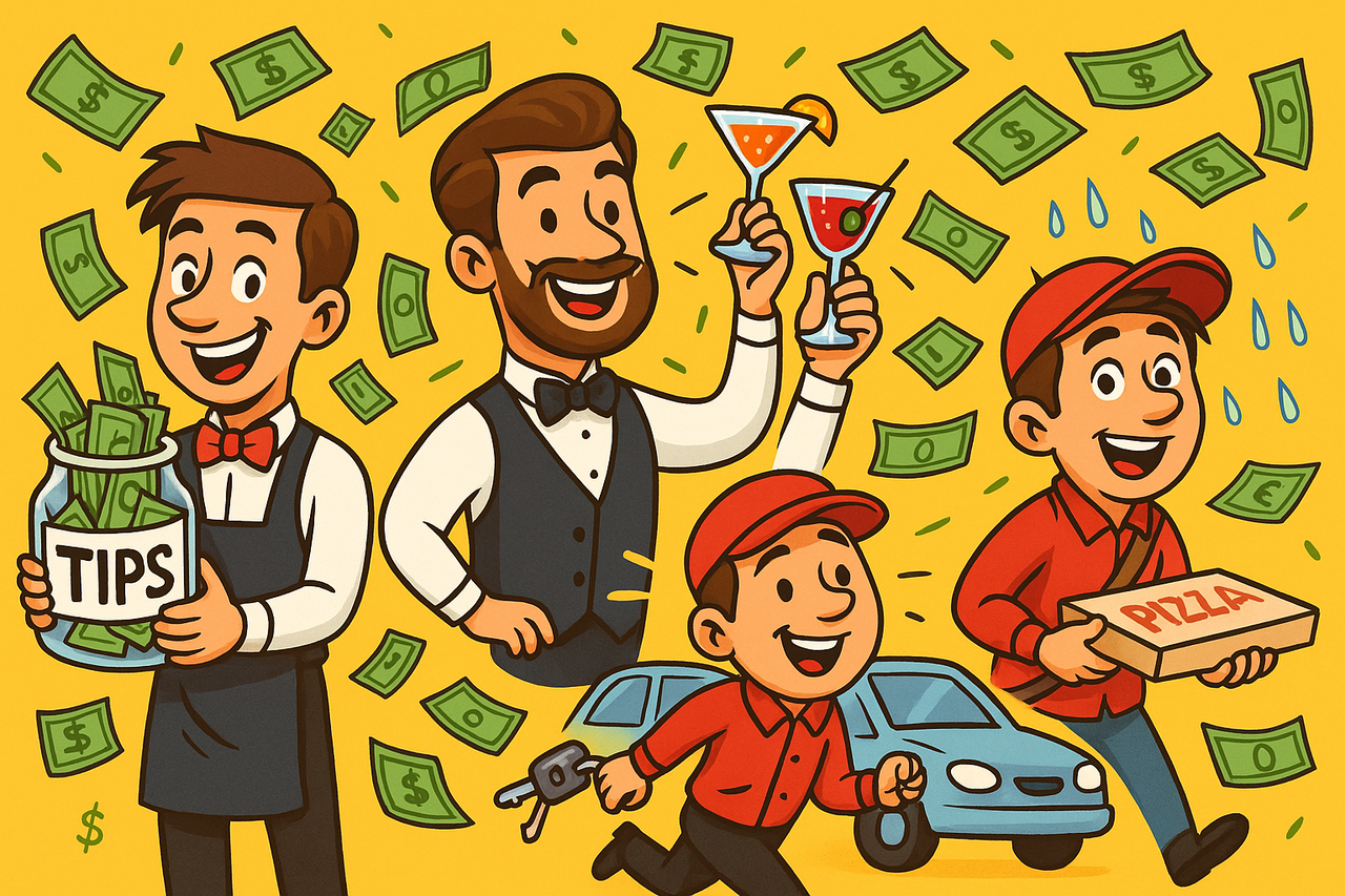 Cartoon-style illustration of waiter, bartender, valet, and delivery driver juggling tips, with cash flying around — funny tipping guide visual.”