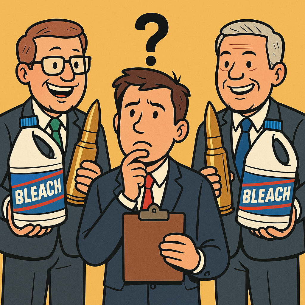 Cartoon of Olin directors holding bleach bottles in one hand and bullets in the other, with a puzzled investor standing between them, wondering whether to buy the stock.