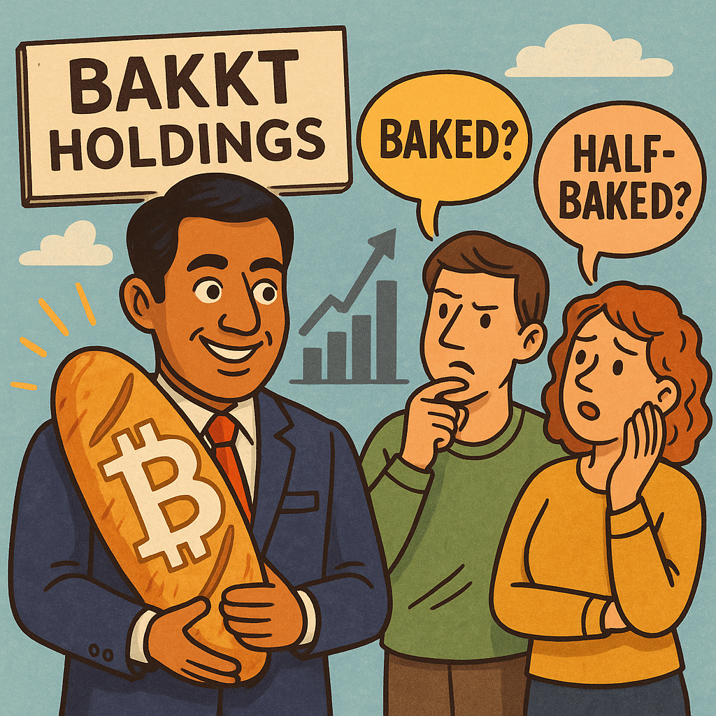 Cartoon of Bakkt’s CEO holding a giant Bitcoin baguette, investors debating whether the stock is baked to perfection or still half-baked.