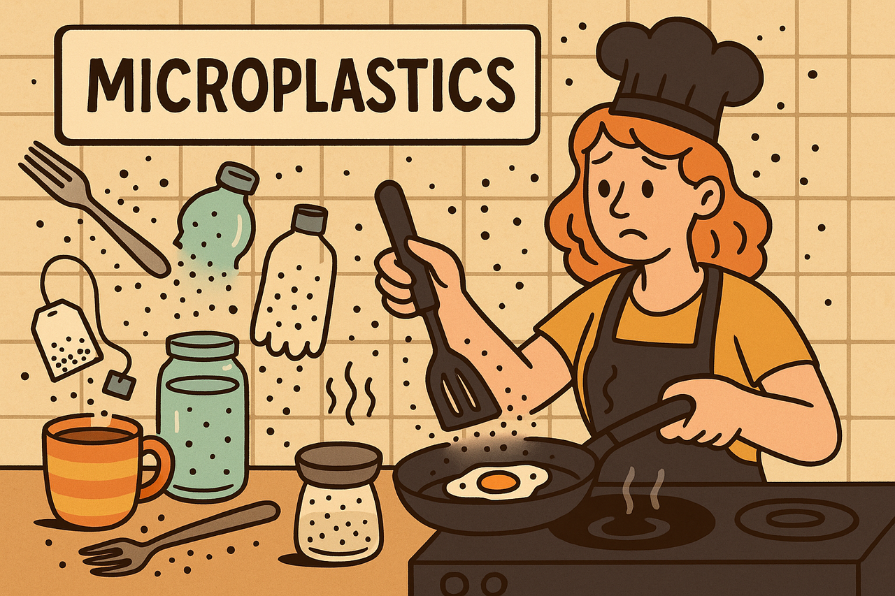 Cartoon of a person cooking in a kitchen surrounded by plastic forks, tea bags, and bottles that are crumbling into tiny microplastic particles floating toward their food.