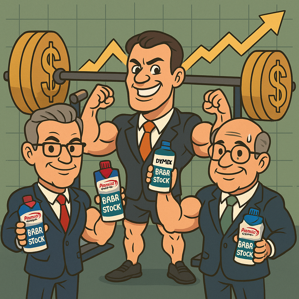 Cartoon of BellRing directors flexing in a gym while holding protein shakes labeled “BRBR stock,” with a barbell made of dollar signs in the background.