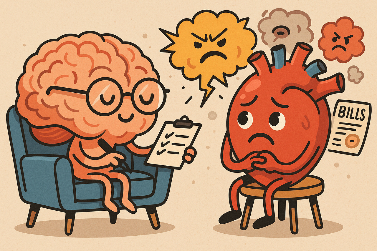 Cartoon of a human heart sitting in therapy with a brain, while stress, anger, and bills loom in the background like villains.