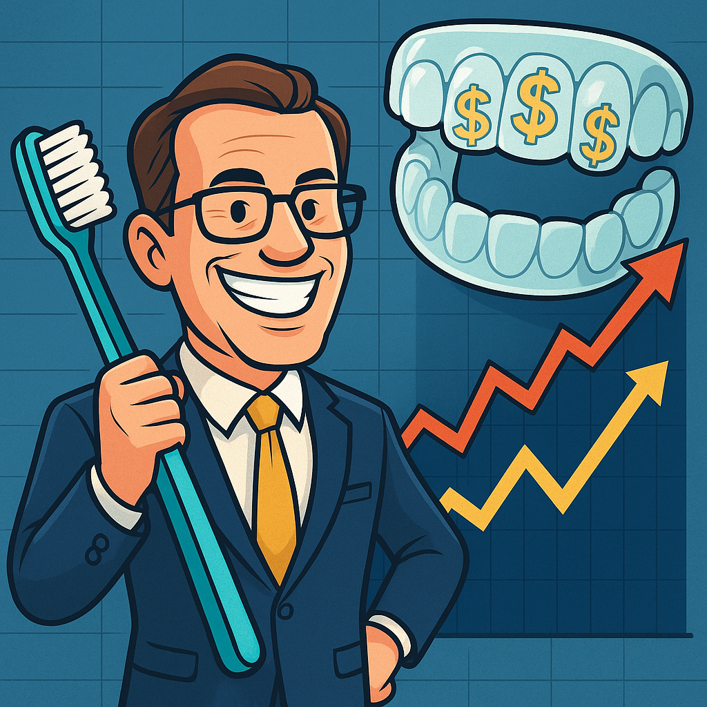 CEO holding a giant toothbrush in front of a stock chart and an Invisalign aligner with dollar signs inside — symbolizing Align Technology’s insider purchases and stock recovery.