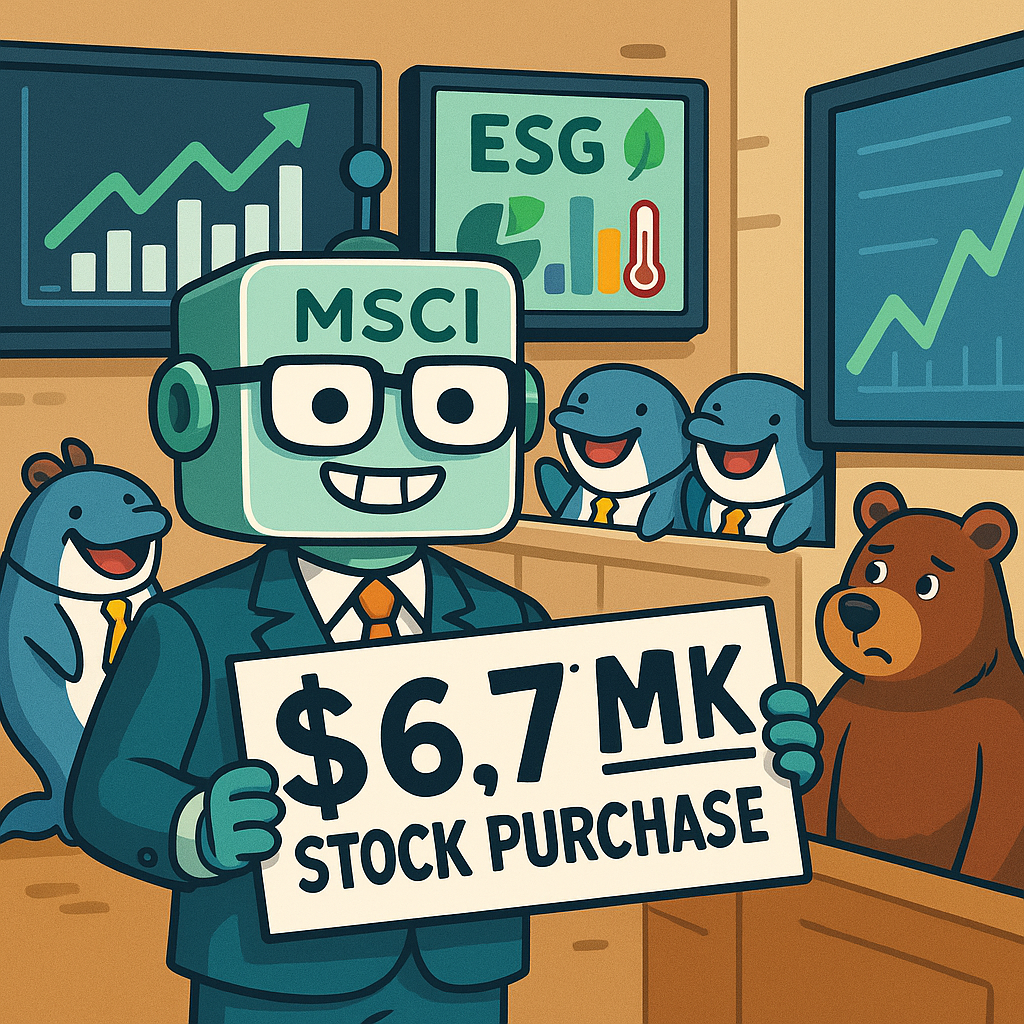 Cartoon-style CEO robot holding a $6.7M stock purchase check, with data dashboards, ESG charts, and cheering investor whales in the background, while a bear peeks around the corner.