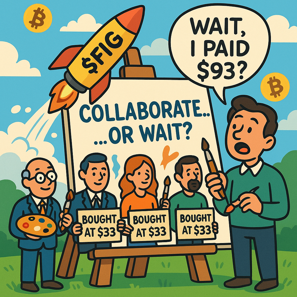 Cartoon-style image of a rocket-labeled “FIG” launching from a design canvas, while company directors stand below holding signs showing they bought shares at $33; in the sky, worried investors watch as Bitcoin icons float nearby.