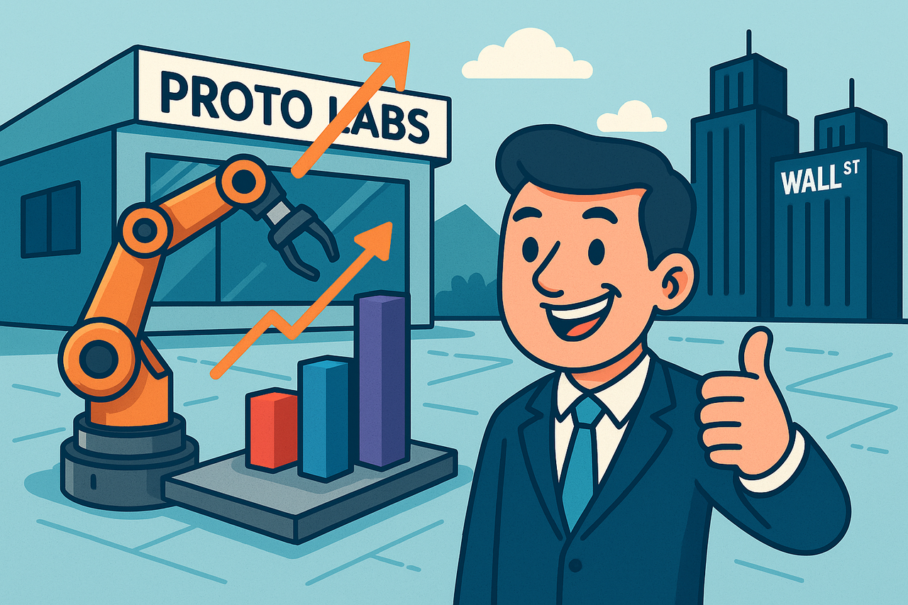 A cartoon-style digital illustration of a robotic arm building a 3D bar chart on a factory floor, with a cheerful CEO character giving a thumbs-up and Wall Street buildings in the background.