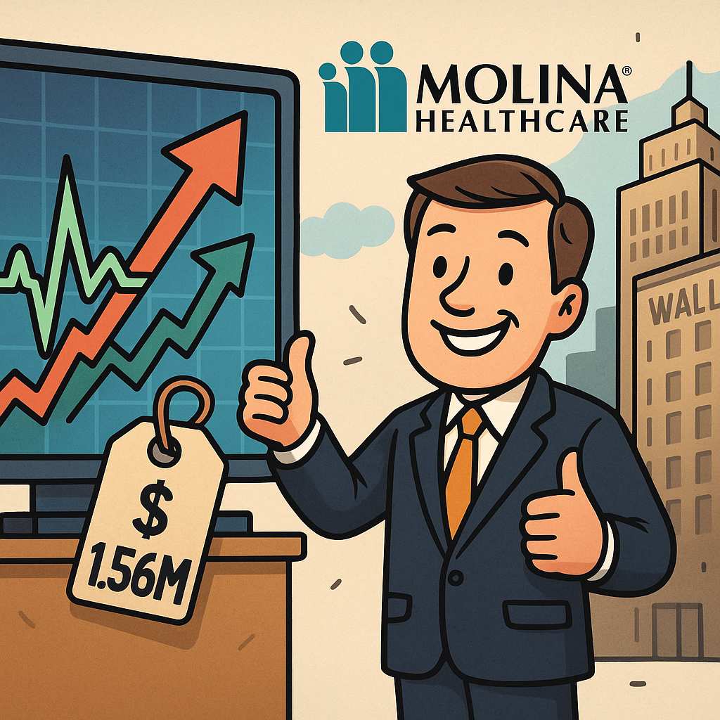 Cartoon-style medical chart with a heartbeat monitor turning into a stock chart, a smiling COO holding a $1.56M price tag, and Wall Street skyscrapers in the background.