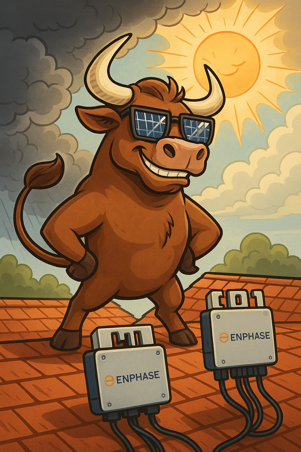 Cartoon-style illustration of a determined bull wearing solar-panel sunglasses, standing on a sunny rooftop with Enphase microinverters, as the sun peeks through storm clouds.