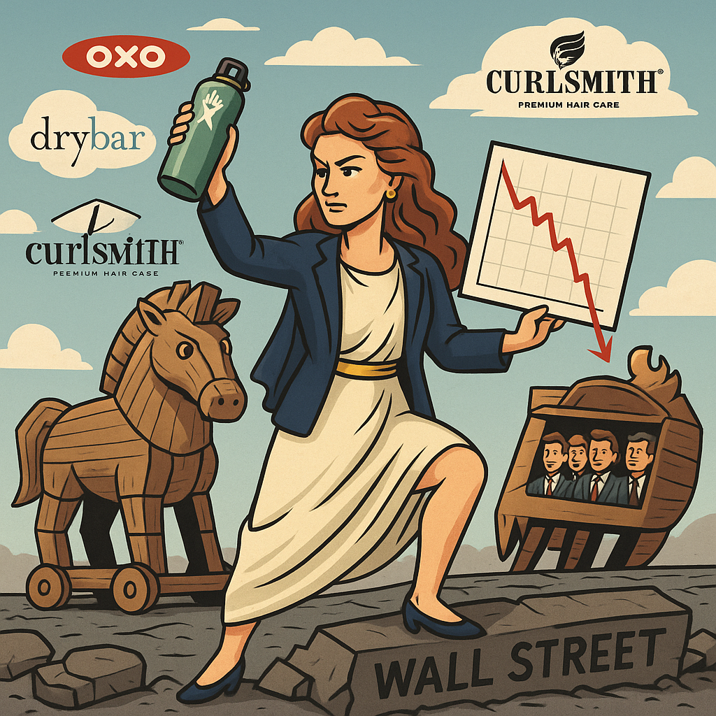 Modern-day Helen of Troy holding a Hydro Flask and a plummeting stock chart, standing atop Wall Street ruins with insider traders inside a Trojan horse—symbolizing HELE’s beauty-meets-battle investing story.