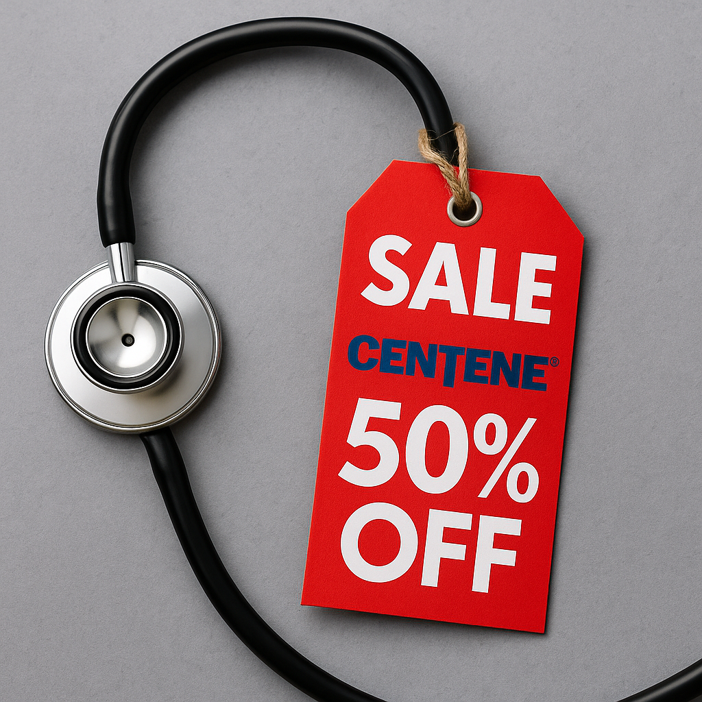 Stethoscope wrapped around a red clearance tag marked 'Centene: 50% Off!' symbolizing the stock’s sharp drop after insider purchases at double the price.