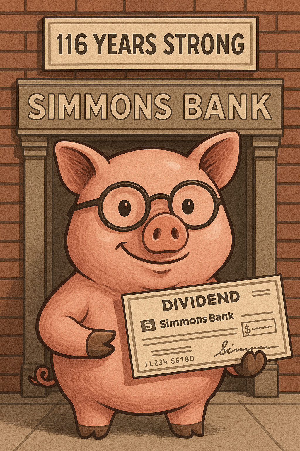 A vintage piggy bank wearing glasses and holding a dividend check, standing outside a brick bank building labeled “116 Years Strong – Simmons.”