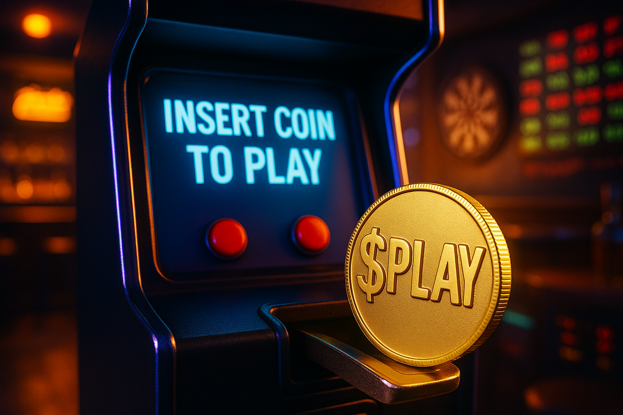 Arcade coin labeled $PLAY being inserted into a glowing machine, symbolizing investment in Dave & Buster’s stock and a potential comeback.