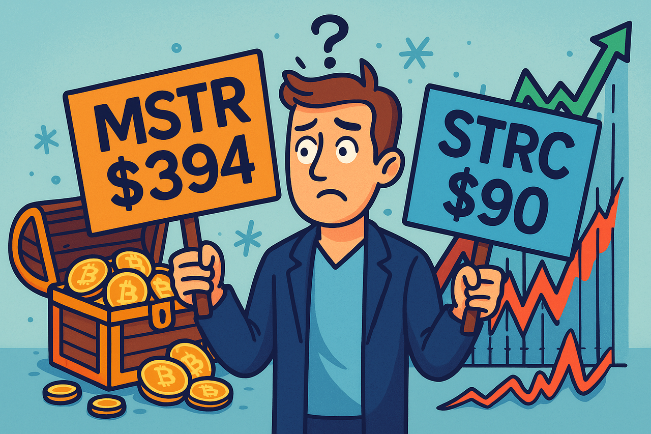 Confused investor choosing between MSTR at $394 and STRC at $90, with Bitcoin icons and a wild stock chart in the background.