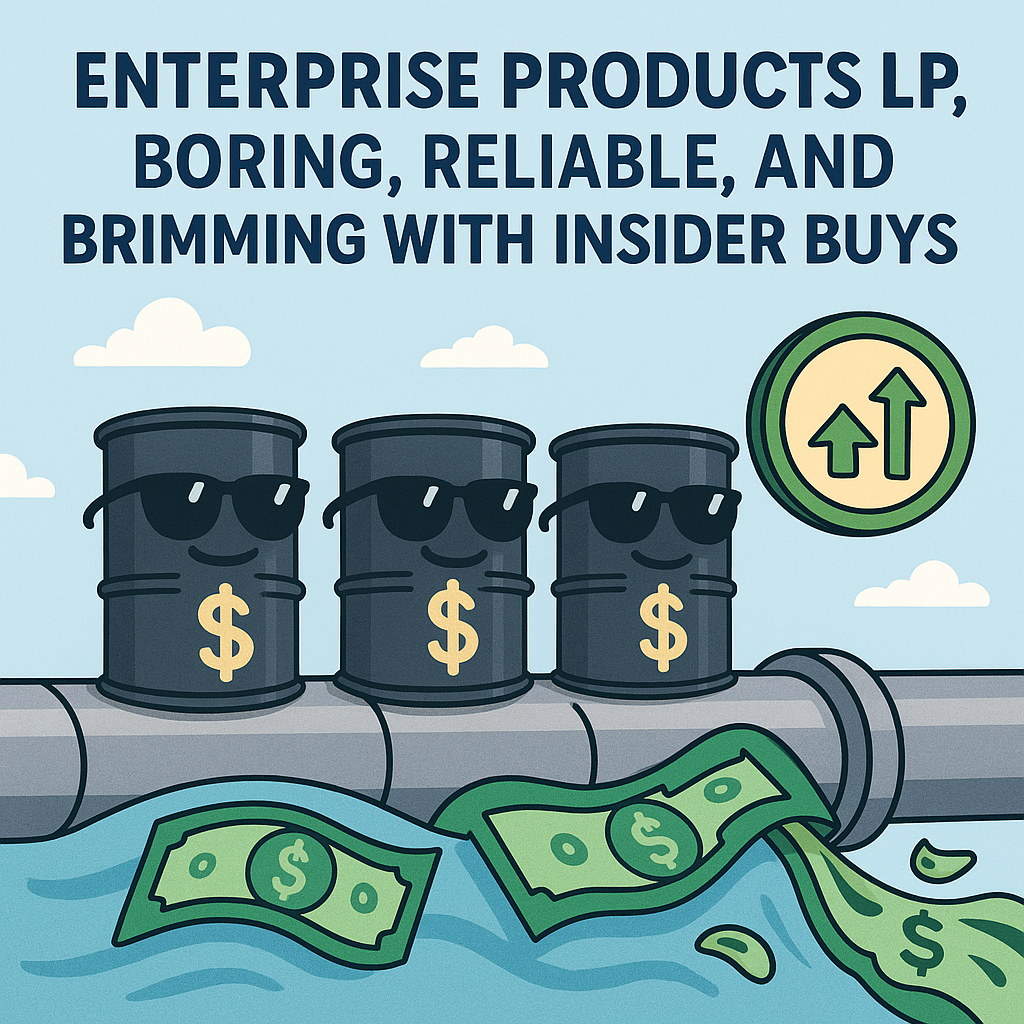 Oil barrels wearing sunglasses on a steady pipeline, with dollar bills flowing like water — symbolizing Enterprise Products Partners (EPD)’s cash flow and insider confidence.