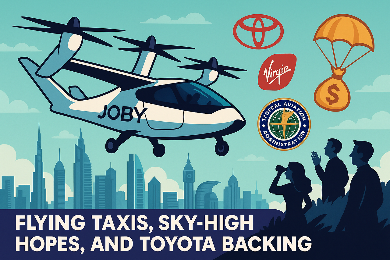 A futuristic flying taxi (eVTOL) hovering over Dubai’s skyline, with the Joby Aviation logo on its side and Toyota, Virgin Atlantic, and FAA icons floating nearby. A dollar sign parachutes in as investors watch from the ground.