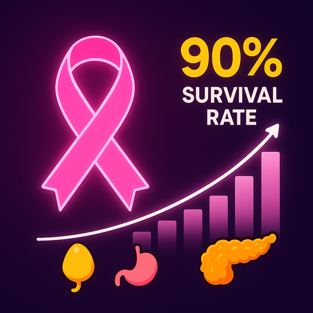 Pink ribbon glowing over rising survival chart, testicular and pancreatic icons for comparison, playful yet serious tone.