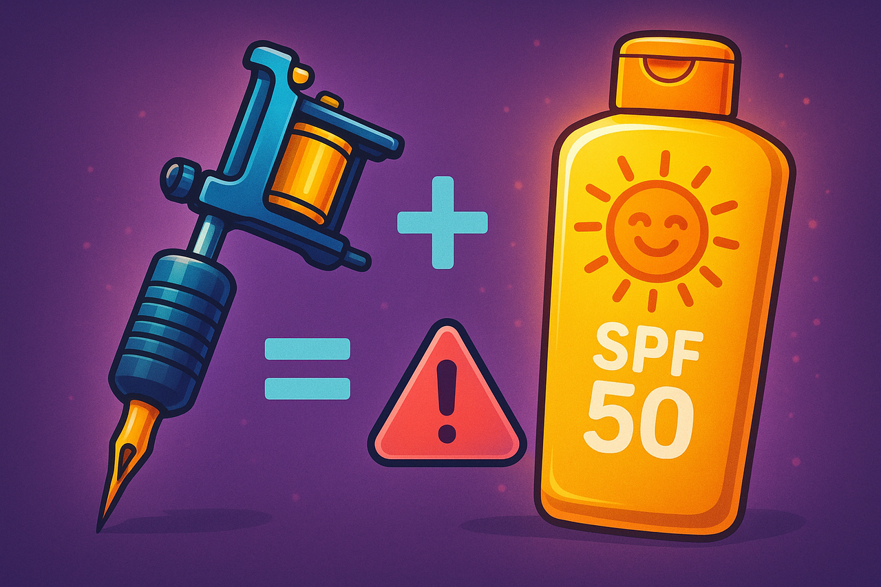 Colorful illustration of a tattoo machine crossed with a bright orange sunscreen bottle, surrounded by playful icons of a shining sun and a pink cancer awareness ribbon, symbolizing the link between tattoos, sun safety, and health.