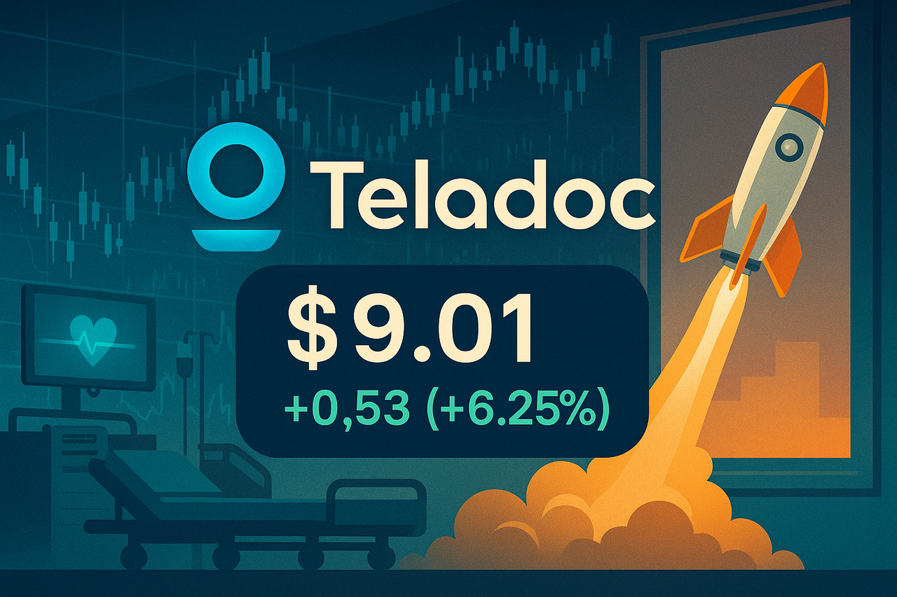 Digital illustration of Teladoc logo glowing over a hospital screen with stock charts and a rocket lifting off, symbolizing turnaround hopes.