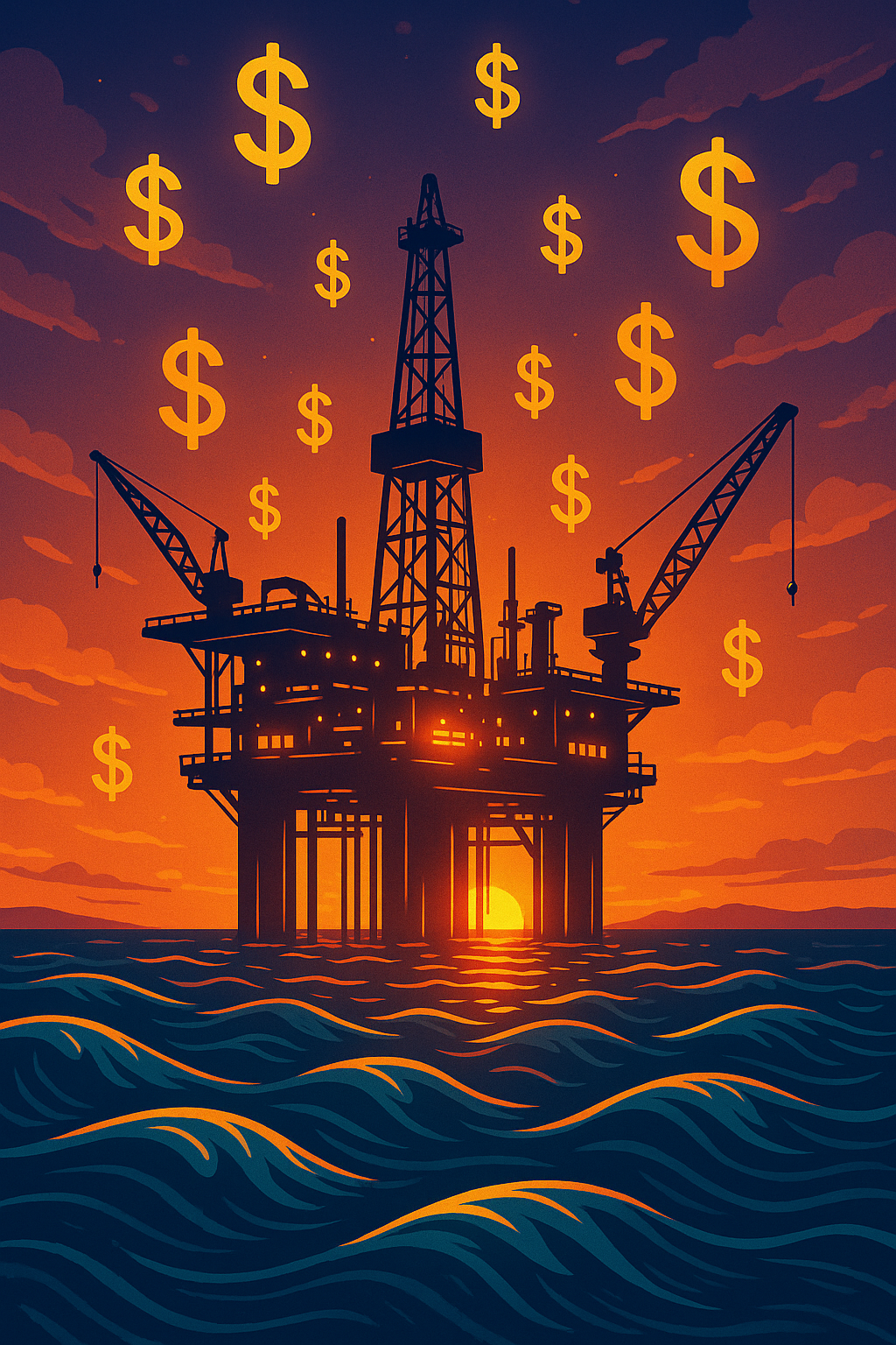 Digital illustration of an offshore oil rig glowing at sunset with dollar signs and waves — symbolizing W&T Offshore’s turbulent yet hopeful market journey.