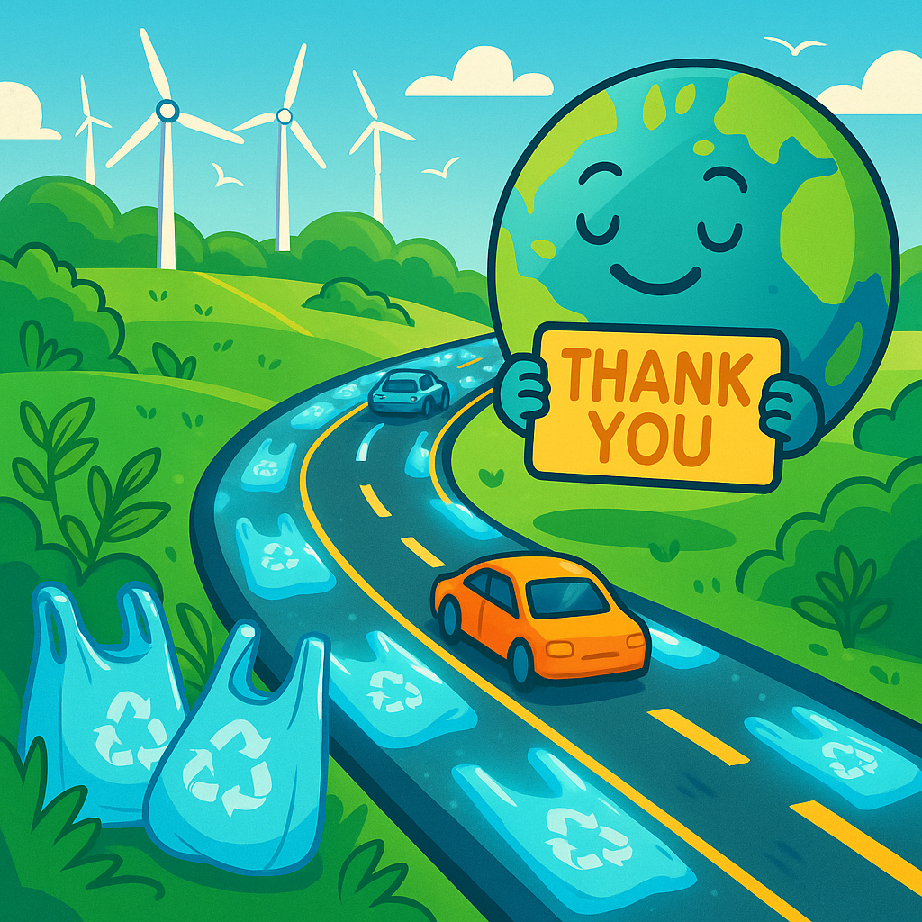 A colorful illustration of a futuristic highway made from recycled plastic bags, with cars driving through lush green hills and wind turbines. A smiling Earth holds a “THANK YOU” sign, symbolizing innovation, sustainability, and environmental optimism.