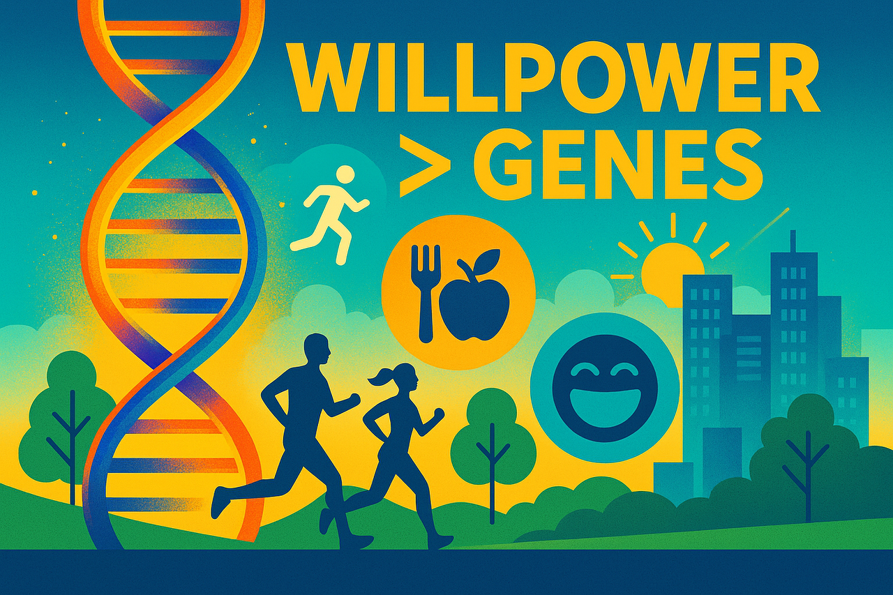 A vibrant digital illustration blending DNA strands with running figures, cityscapes, and green landscapes — symbolizing how lifestyle, environment, and willpower shape health and longevity more than genetics.
