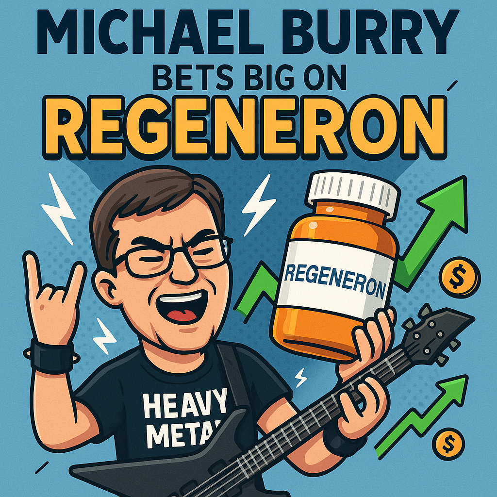 Cartoon illustration of Michael Burry rocking out with a heavy metal guitar while holding a Regeneron pill bottle, symbolizing his big bet on biotech.