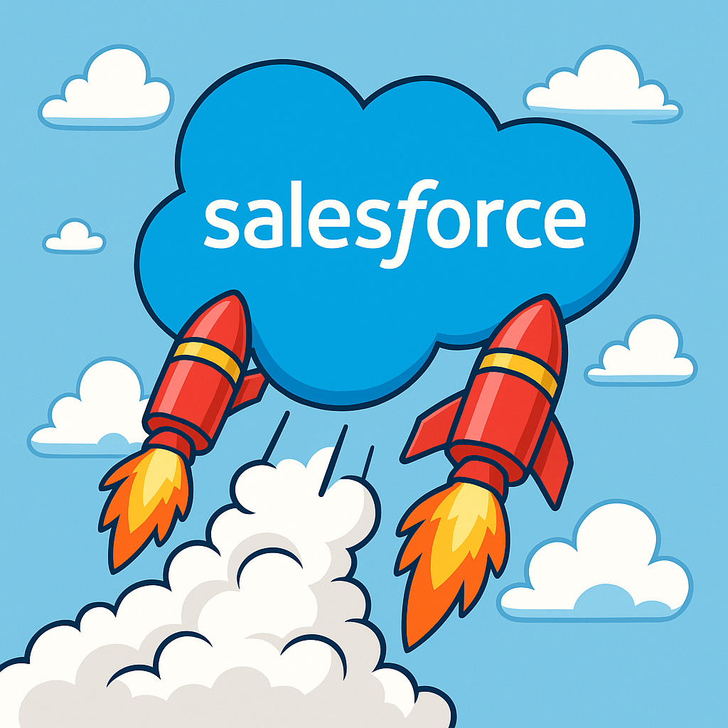 Cartoon-style illustration of Salesforce cloud logo with rocket boosters, symbolizing insider buys, AI growth, and potential stock lift-off.